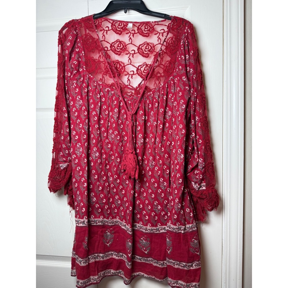 Free People Cherry Boho Lace Nomad Mini Peasant Dress Floral Lace Details Tassel